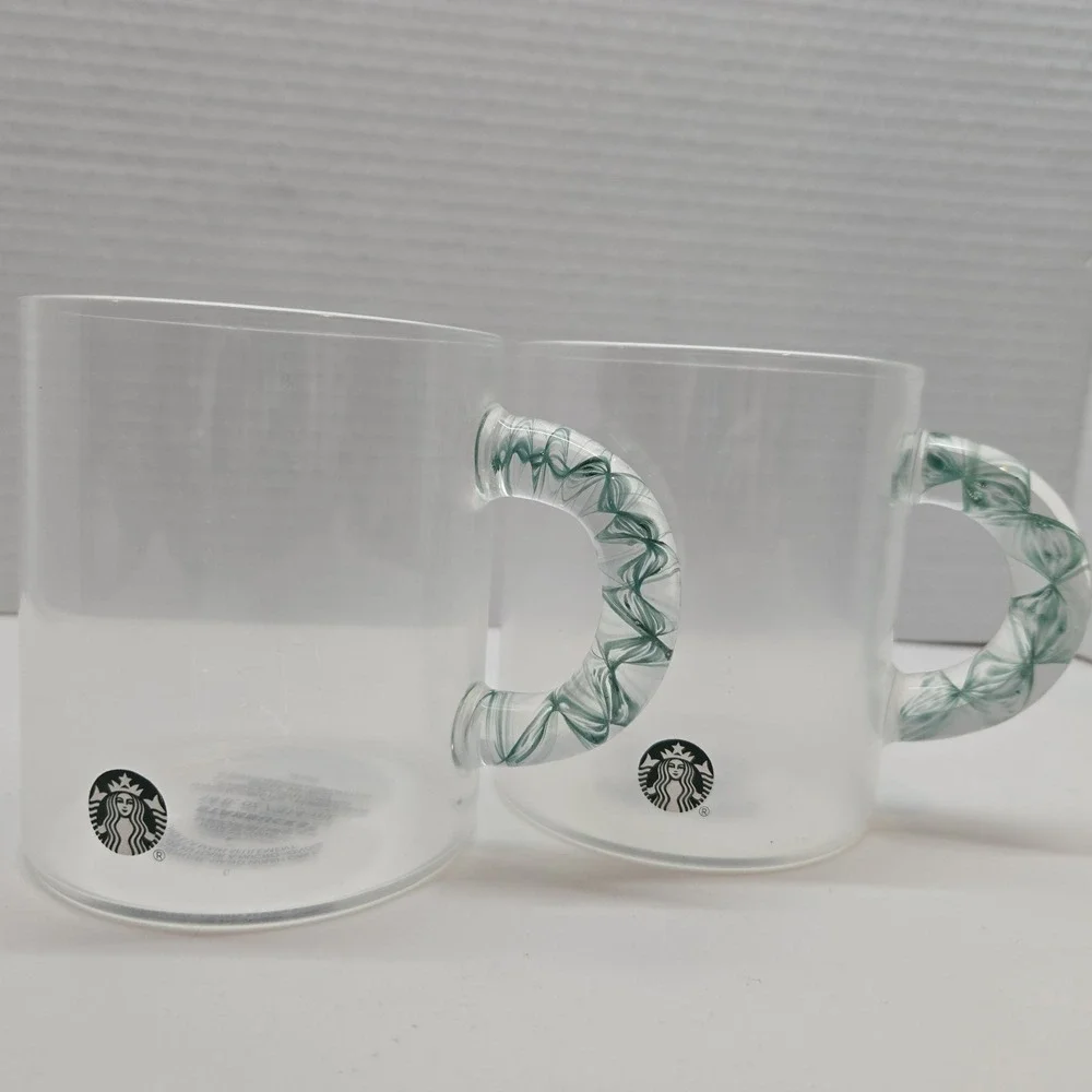 Two Starbucks Holiday 2023 Gradient Green Glass Swirl Handle Glass Mug 14oz RARE